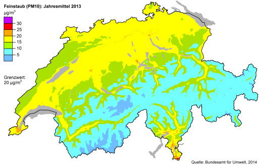 Jahresmittelwerte f&uuml;r Feinstaub im Jahr 2014. Die Entwicklung der Werte in den letzten 25 Jahren kannst du auf der <a href="http://www.bafu.admin.ch/luft/luftbelastung/schadstoffkarten/feinstaub/index.html?lang=de" target="_blank">Webseite des Bundesamts f&uuml;r Umwelt (BAFU)</a> finden.<br><i>(<a href="quellenverzeichnis#Pa132">Quelle</a>)</i>